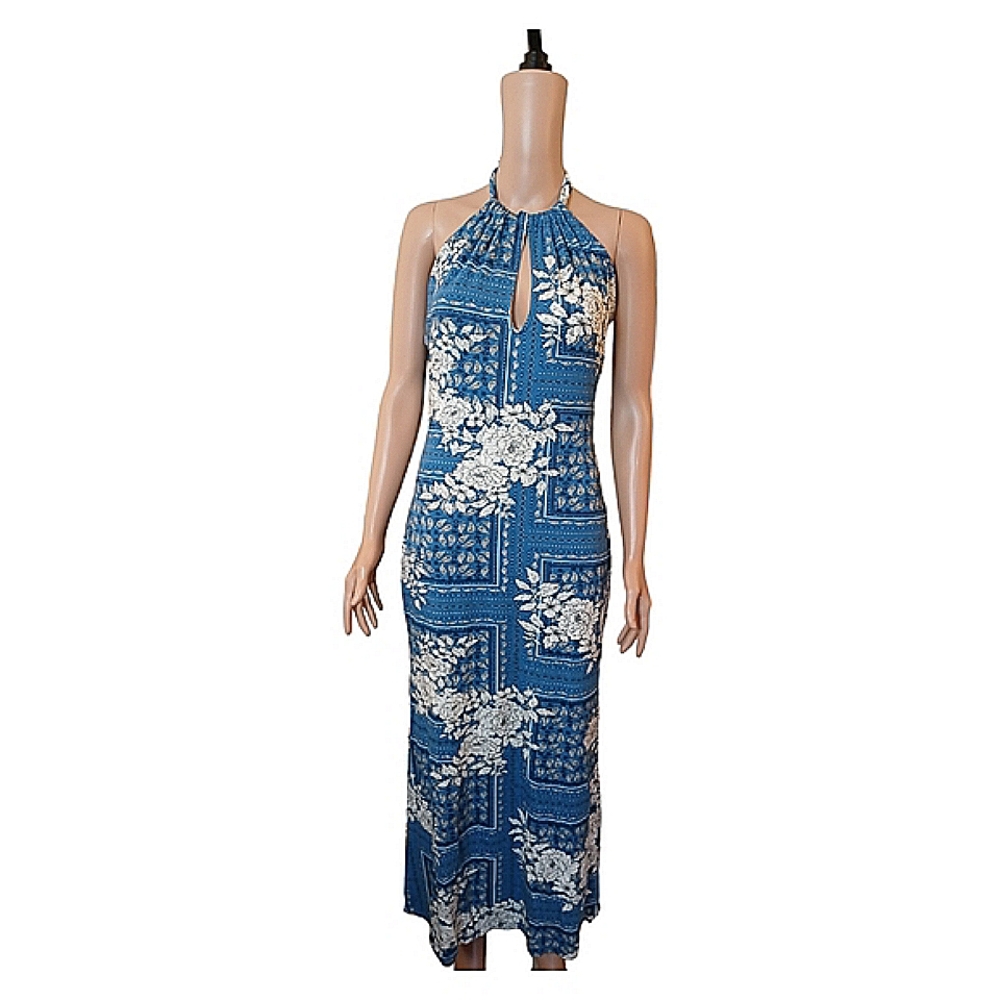 Studio F Summer Dress Sleveless Sz 6 White & blue elastic womens Used halter